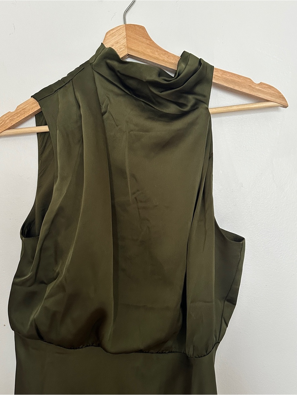 NWT Lulus Satin Sleeveless Olive Green Cowl Neck Maxi Dress